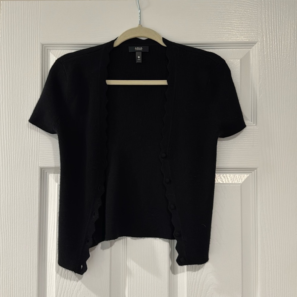 Aqua Black Cashmere button down with scalloped edges never worn